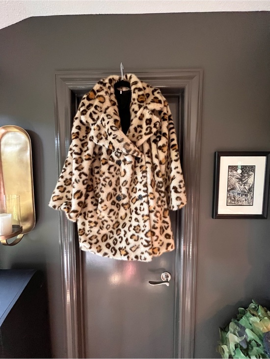 Free People Jackets & Blazers - Free People Leopard Print Faux Fur Pea Coat in Beige and Brown